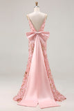 Sparkly Pink Mermaid Sequin Back Bow Long Ball Dress with Slit