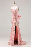 Sparkly Pink Mermaid Sequin Back Bow Long Ball Dress with Slit