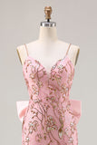 Sparkly Pink Mermaid Sequin Back Bow Long Ball Dress with Slit