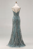 Sparkly Grey Green Mermaid Beaded Sequin Long Ball Dress