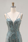 Sparkly Grey Green Mermaid Beaded Sequin Long Ball Dress