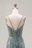 Sparkly Grey Green Mermaid Beaded Sequin Long Ball Dress