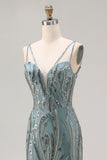 Sparkly Grey Green Mermaid Beaded Sequin Long Ball Dress