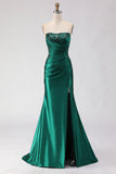 Dark Green Mermaid Sequin Strapless Ruched Long Ball Dress with Slit