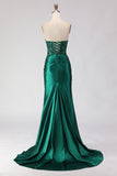 Dark Green Mermaid Sequin Strapless Ruched Long Ball Dress with Slit