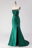 Dark Green Mermaid Sequin Strapless Ruched Long Ball Dress with Slit