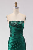 Dark Green Mermaid Sequin Strapless Ruched Long Ball Dress with Slit