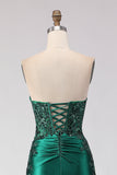 Dark Green Mermaid Sequin Strapless Ruched Long Ball Dress with Slit