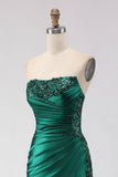 Dark Green Mermaid Sequin Strapless Ruched Long Ball Dress with Slit