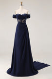 Navy Off The Shoulder A-Line Corset Long Ball Dress with Lace Up Back