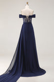 Navy Off The Shoulder A-Line Corset Long Ball Dress with Lace Up Back