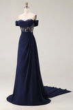 Navy Off The Shoulder A-Line Corset Long Ball Dress with Lace Up Back