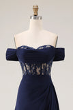 Navy Off The Shoulder A-Line Corset Long Ball Dress with Lace Up Back