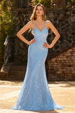 Sky Blue Mermaid Beaded Lace Up Back Long Ball Dress with Sequins