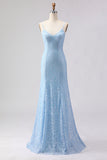 Sky Blue Mermaid Sequins Long Ball Dress with Lace Up Back