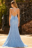 Sky Blue Mermaid Beaded Lace Up Back Long Ball Dress with Sequins