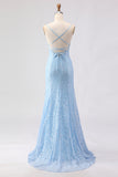 Sky Blue Mermaid Sequins Long Ball Dress with Lace Up Back