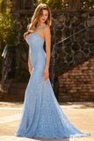 Sky Blue Mermaid Beaded Lace Up Back Long Ball Dress with Sequins