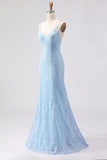 Sky Blue Mermaid Sequins Long Ball Dress with Lace Up Back