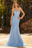 Sky Blue Mermaid Beaded Lace Up Back Long Ball Dress with Sequins