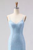 Sky Blue Mermaid Sequins Long Ball Dress with Lace Up Back