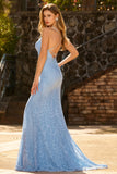 Sky Blue Mermaid Beaded Lace Up Back Long Ball Dress with Sequins