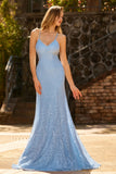 Sky Blue Mermaid Beaded Lace Up Back Long Ball Dress with Sequins