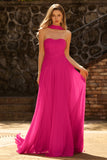 Fuchsia A Line Strapless Pleated Tulle Long Ball Dress with Streamer