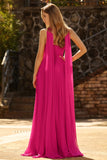 Fuchsia A Line Strapless Pleated Tulle Long Ball Dress with Streamer