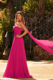 Fuchsia A Line Strapless Pleated Tulle Long Ball Dress with Streamer