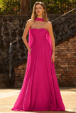 Fuchsia A Line Strapless Pleated Tulle Long Ball Dress with Streamer