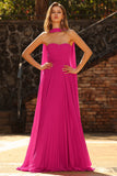 Fuchsia A Line Strapless Pleated Tulle Long Ball Dress with Streamer