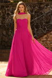 Fuchsia A Line Strapless Pleated Tulle Long Ball Dress with Streamer