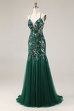 Sparkly Dark Green Sheath Open Back Long Prom Dress with Sequins