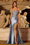 Grey Blue Mermaid Appliqued Spaghetti Straps Long Satin Ball Dress with Slit