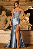 Grey Blue Mermaid Appliqued Spaghetti Straps Long Satin Ball Dress with Slit