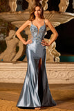 Grey Blue Mermaid Appliqued Spaghetti Straps Long Satin Ball Dress with Slit