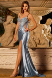 Grey Blue Mermaid Appliqued Spaghetti Straps Long Satin Ball Dress with Slit