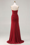 Strapless Red Mermaid Beaded Satin Long Ball Dress