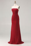 Strapless Red Mermaid Beaded Satin Long Ball Dress