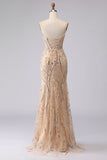 Champagne Mermaid Strapless Beaded Sequin Long Ball Dress with Lace Up Back