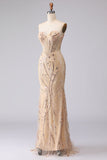 Champagne Mermaid Strapless Beaded Sequin Long Ball Dress with Lace Up Back