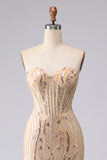 Champagne Mermaid Strapless Beaded Sequin Long Ball Dress with Lace Up Back