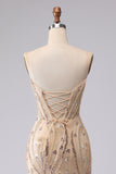 Champagne Mermaid Strapless Beaded Sequin Long Ball Dress with Lace Up Back