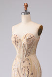 Champagne Mermaid Strapless Beaded Sequin Long Ball Dress with Lace Up Back