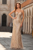 Champagne Mermaid Strapless Beaded Sequin Long Ball Dress with Lace Up Back