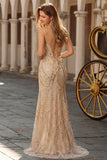 Champagne Mermaid Strapless Beaded Sequin Long Ball Dress with Lace Up Back