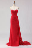 Red Mermaid Strapless Beaded Satin Long Ball Dress with Slit