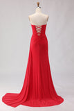 Red Mermaid Strapless Beaded Satin Long Ball Dress with Slit