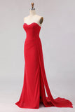 Red Mermaid Strapless Beaded Satin Long Ball Dress with Slit